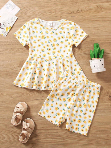 Vintaside Kids 2pcs/Set Young Girl Round Neck Short Sleeve Top And All-Over Print Shorts Set