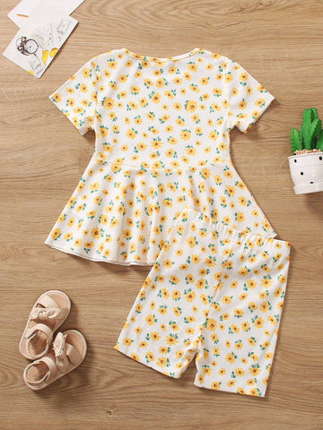 Vintaside Kids 2pcs/Set Young Girl Round Neck Short Sleeve Top And All-Over Print Shorts Set