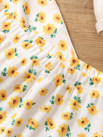 Vintaside Kids 2pcs/Set Young Girl Round Neck Short Sleeve Top And All-Over Print Shorts Set