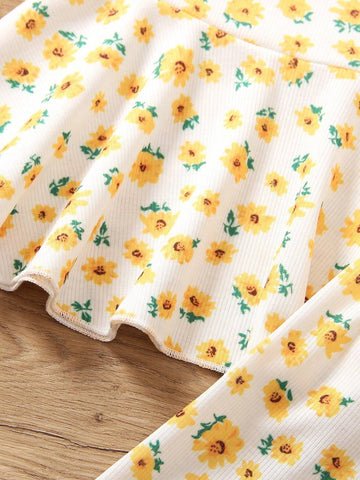 Vintaside Kids 2pcs/Set Young Girl Round Neck Short Sleeve Top And All-Over Print Shorts Set