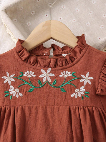 Vintaside Kids Elegant Ruffle Trim Embroidered Cap Sleeve Dress