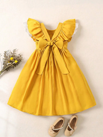 Vintaside Kids Girls' Back Bowknot Design Mid-Length Dress, Ginger Yellow