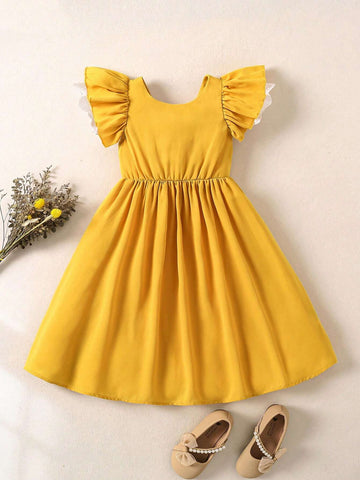 Vintaside Kids Girls' Back Bowknot Design Mid-Length Dress, Ginger Yellow