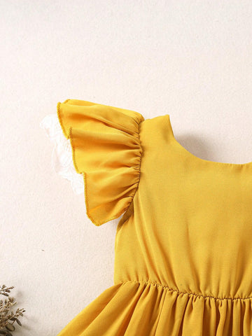 Vintaside Kids Girls' Back Bowknot Design Mid-Length Dress, Ginger Yellow