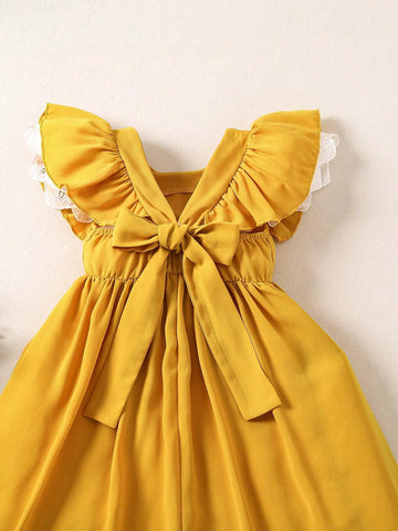 Vintaside Kids Girls' Back Bowknot Design Mid-Length Dress, Ginger Yellow