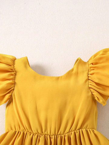 Vintaside Kids Girls' Back Bowknot Design Mid-Length Dress, Ginger Yellow