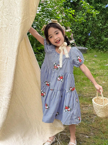 Vintaside Kids Girls' Blue And White Gingham Style Dress The Fabric Is Soft, Comfortable, And Breathable, Suitable For Outdoor Travels, Vacations And Activities In Spring And Summer.