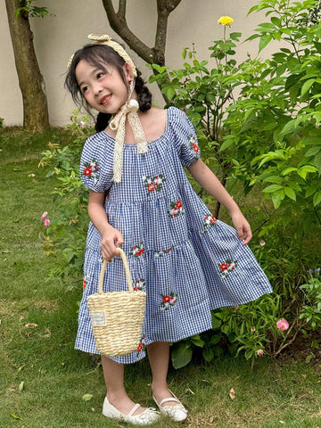 Vintaside Kids Girls' Blue And White Gingham Style Dress The Fabric Is Soft, Comfortable, And Breathable, Suitable For Outdoor Travels, Vacations And Activities In Spring And Summer.