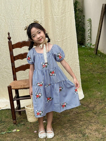 Vintaside Kids Girls' Blue And White Gingham Style Dress The Fabric Is Soft, Comfortable, And Breathable, Suitable For Outdoor Travels, Vacations And Activities In Spring And Summer.