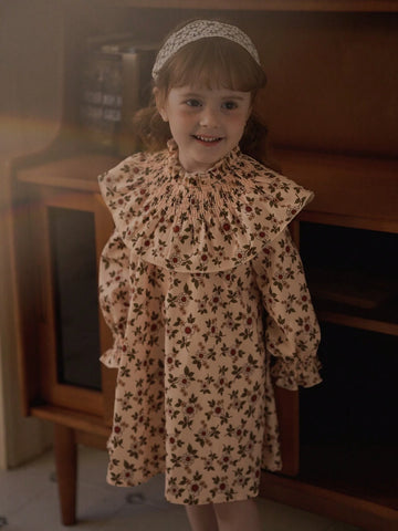 Vintaside Kids Girls' Casual Floral Ruffled Hem A-Line Midi Dress, Sweet Countryside Style, Suitable For Autumn, Winter, Daily, Party, Birthday, Banquet