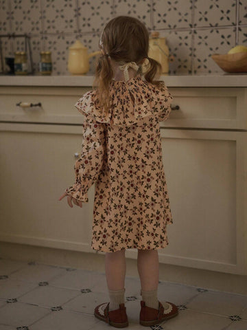 Vintaside Kids Girls' Casual Floral Ruffled Hem A-Line Midi Dress, Sweet Countryside Style, Suitable For Autumn, Winter, Daily, Party, Birthday, Banquet