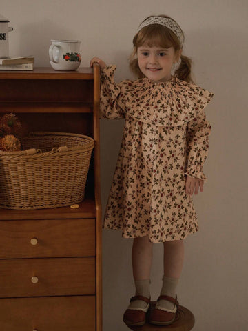 Vintaside Kids Girls' Casual Floral Ruffled Hem A-Line Midi Dress, Sweet Countryside Style, Suitable For Autumn, Winter, Daily, Party, Birthday, Banquet