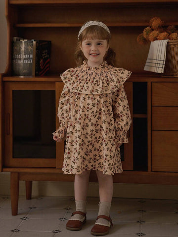 Vintaside Kids Girls' Casual Floral Ruffled Hem A-Line Midi Dress, Sweet Countryside Style, Suitable For Autumn, Winter, Daily, Party, Birthday, Banquet