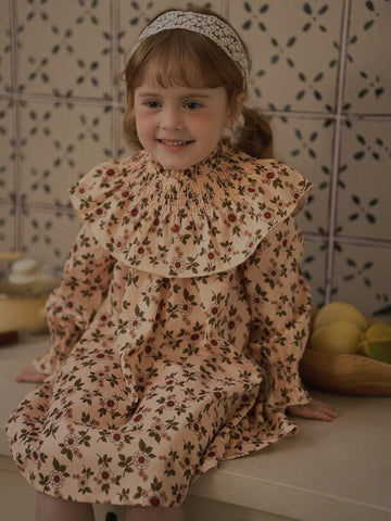 Vintaside Kids Girls' Casual Floral Ruffled Hem A-Line Midi Dress, Sweet Countryside Style, Suitable For Autumn, Winter, Daily, Party, Birthday, Banquet