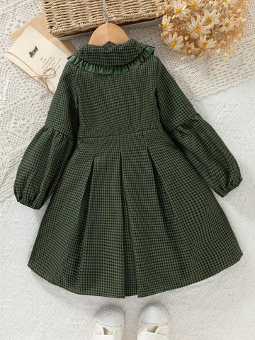 Vintaside Kids Girls' Casual Green Plaid Ruffle Collar & Waistline Pleated Long Sleeve Dress