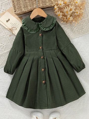 Vintaside Kids Girls' Casual Green Plaid Ruffle Collar & Waistline Pleated Long Sleeve Dress