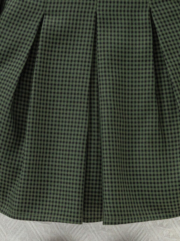 Vintaside Kids Girls' Casual Green Plaid Ruffle Collar & Waistline Pleated Long Sleeve Dress