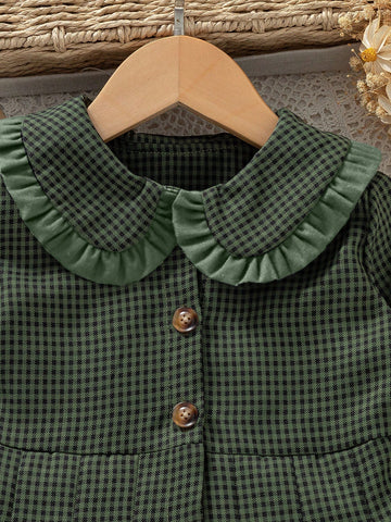 Vintaside Kids Girls' Casual Green Plaid Ruffle Collar & Waistline Pleated Long Sleeve Dress