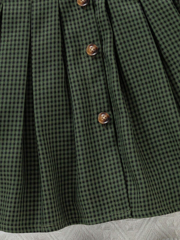 Vintaside Kids Girls' Casual Green Plaid Ruffle Collar & Waistline Pleated Long Sleeve Dress