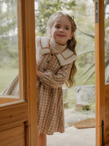 Vintaside Kids Girls Plaid Fur Collar Casual Dress, Suitable For Autumn & Winter, Brown & Apricot Color