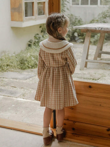 Vintaside Kids Girls Plaid Fur Collar Casual Dress, Suitable For Autumn & Winter, Brown & Apricot Color