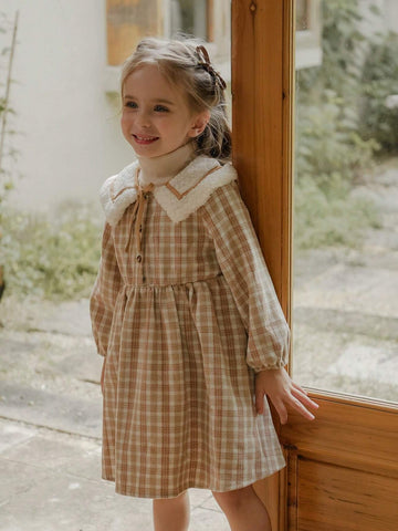 Vintaside Kids Girls Plaid Fur Collar Casual Dress, Suitable For Autumn & Winter, Brown & Apricot Color