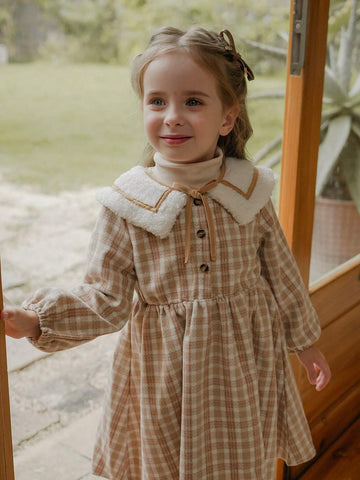 Vintaside Kids Girls Plaid Fur Collar Casual Dress, Suitable For Autumn & Winter, Brown & Apricot Color