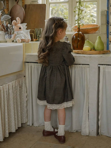 Vintaside Kids Girls (Small) Brown Plaid Lace Patchwork Dress With Headscarf, Comfortable Country French Style For Spring, Fall, Winter