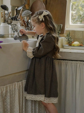 Vintaside Kids Girls (Small) Brown Plaid Lace Patchwork Dress With Headscarf, Comfortable Country French Style For Spring, Fall, Winter