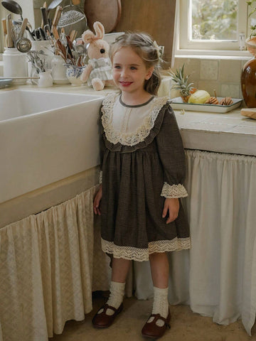 Vintaside Kids Girls (Small) Brown Plaid Lace Patchwork Dress With Headscarf, Comfortable Country French Style For Spring, Fall, Winter