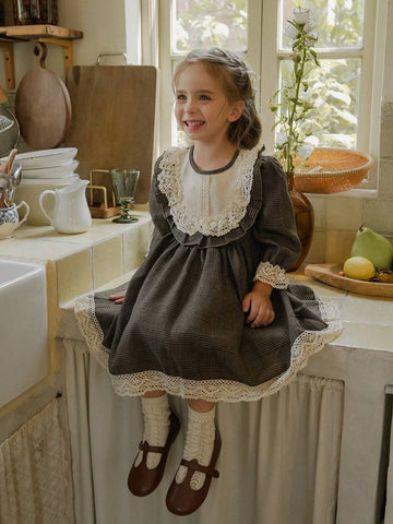 Vintaside Kids Girls (Small) Brown Plaid Lace Patchwork Dress With Headscarf, Comfortable Country French Style For Spring, Fall, Winter