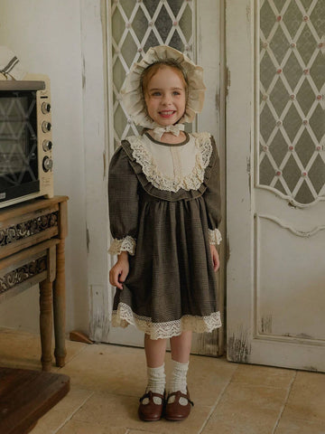 Vintaside Kids Girls (Small) Brown Plaid Lace Patchwork Dress With Headscarf, Comfortable Country French Style For Spring, Fall, Winter