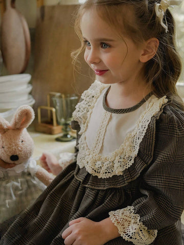 Vintaside Kids Girls (Small) Brown Plaid Lace Patchwork Dress With Headscarf, Comfortable Country French Style For Spring, Fall, Winter
