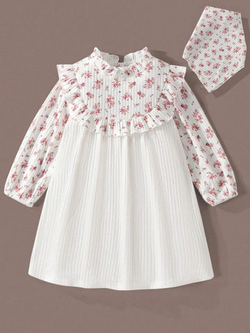 Vintaside Kids Girls (Small) Ditsy Floral & Ribbed Fabric Patchwork Dress, French Country Style, Suitable For Spring, Fall And Winter