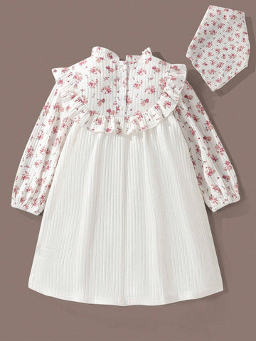 Vintaside Kids Girls (Small) Ditsy Floral & Ribbed Fabric Patchwork Dress, French Country Style, Suitable For Spring, Fall And Winter