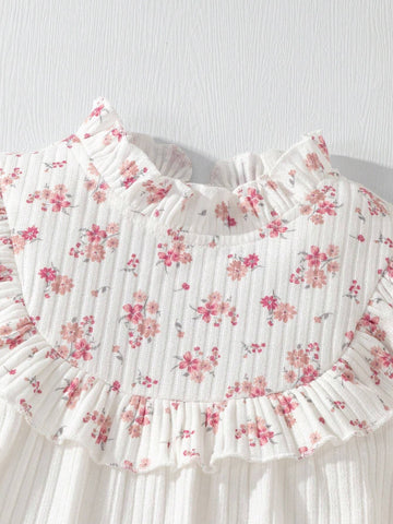 Vintaside Kids Girls (Small) Ditsy Floral & Ribbed Fabric Patchwork Dress, French Country Style, Suitable For Spring, Fall And Winter