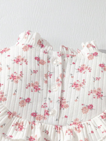 Vintaside Kids Girls (Small) Ditsy Floral & Ribbed Fabric Patchwork Dress, French Country Style, Suitable For Spring, Fall And Winter