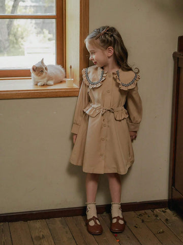 Vintaside Kids Girls (Small Size) Khaki Collar Windbreaker Dress, Fashionable Casual Suitable For Spring, Autumn And Winter