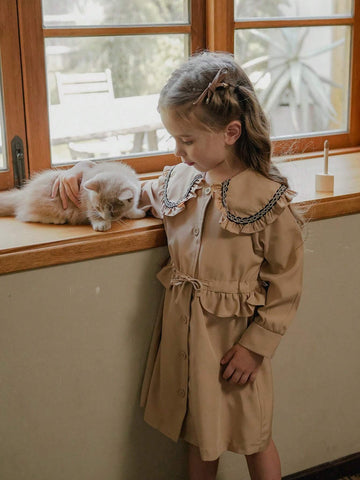 Vintaside Kids Girls (Small Size) Khaki Collar Windbreaker Dress, Fashionable Casual Suitable For Spring, Autumn And Winter