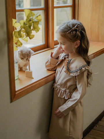 Vintaside Kids Girls (Small Size) Khaki Collar Windbreaker Dress, Fashionable Casual Suitable For Spring, Autumn And Winter