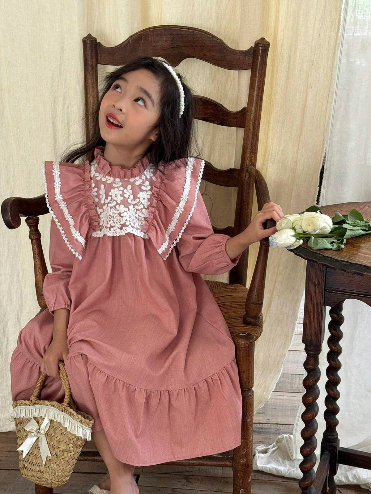 Kids Girls' Sweet And Lovely Pink Ombre Butterfly Puff Sleeve Dress With Mesh Patchwork