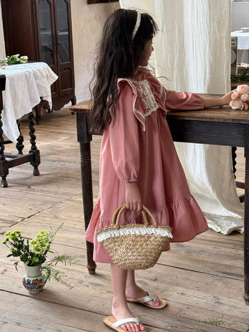 Kids Girls' Sweet And Lovely Pink Ombre Butterfly Puff Sleeve Dress With Mesh Patchwork