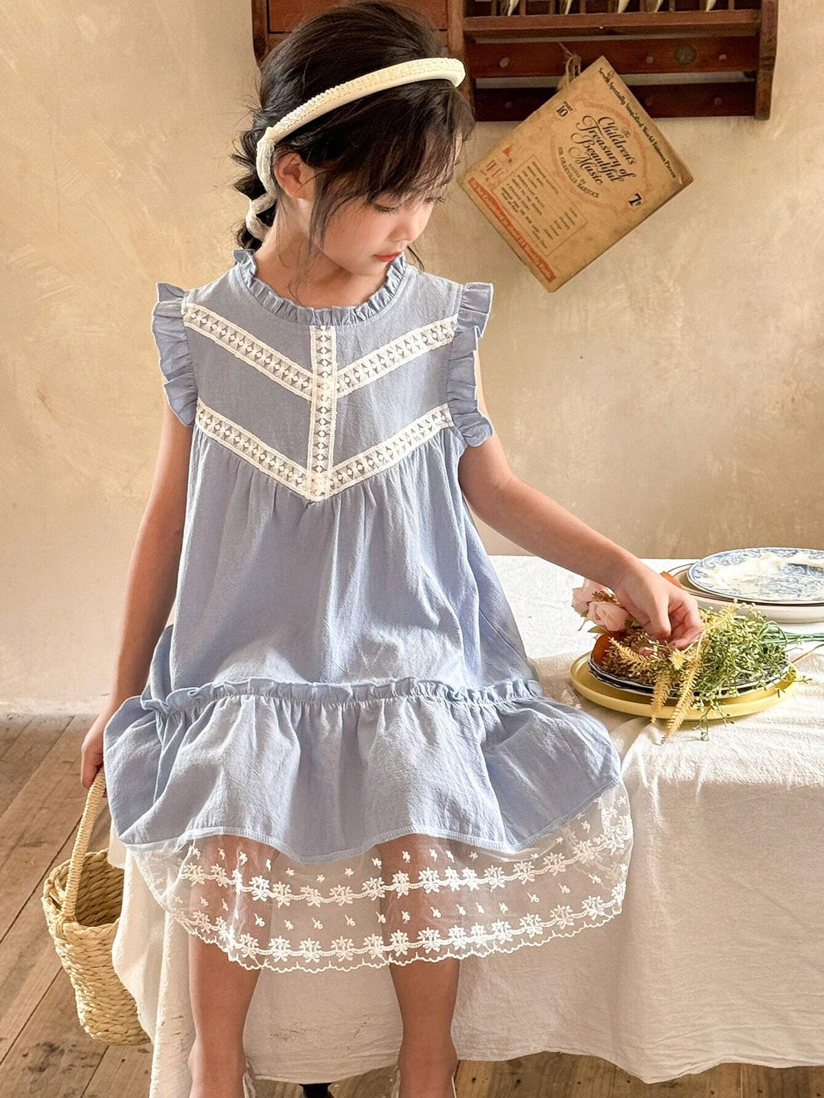 Vintaside Kids Girls' Sweet Lovely Gradient Pink Butterfly Puff Sleeve Dress With Mesh Patchwork