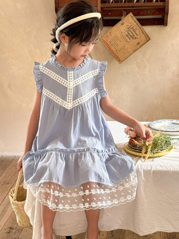 Vintaside Kids Girls' Sweet Lovely Gradient Pink Butterfly Puff Sleeve Dress With Mesh Patchwork