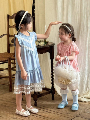 Vintaside Kids Girls' Sweet Lovely Gradient Pink Butterfly Puff Sleeve Dress With Mesh Patchwork