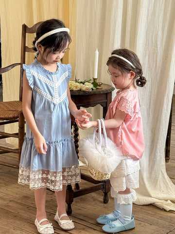 Vintaside Kids Girls' Sweet Lovely Gradient Pink Butterfly Puff Sleeve Dress With Mesh Patchwork
