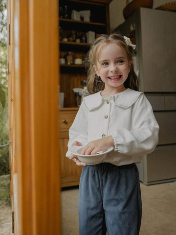 Vintaside Kids Young Girl Beige Collar Wavy Line Shirt, Casual All-Match Versatile Suitable For Spring, Fall And Winter