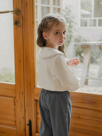 Vintaside Kids Young Girl Beige Collar Wavy Line Shirt, Casual All-Match Versatile Suitable For Spring, Fall And Winter