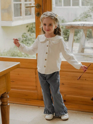Vintaside Kids Young Girl Beige Collar Wavy Line Shirt, Casual All-Match Versatile Suitable For Spring, Fall And Winter