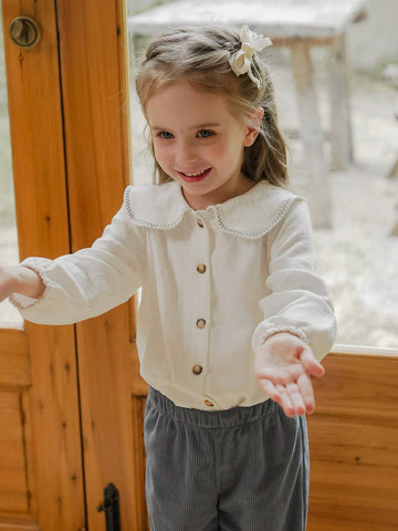 Vintaside Kids Young Girl Beige Collar Wavy Line Shirt, Casual All-Match Versatile Suitable For Spring, Fall And Winter
